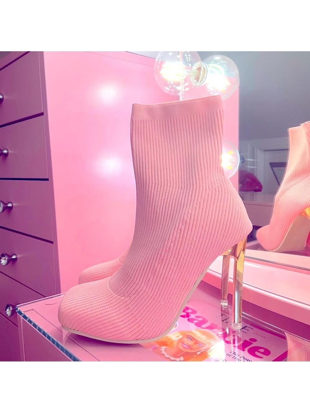 Pink Square Toe Sock High Heel Ankle Booties - Picture 4 of 4